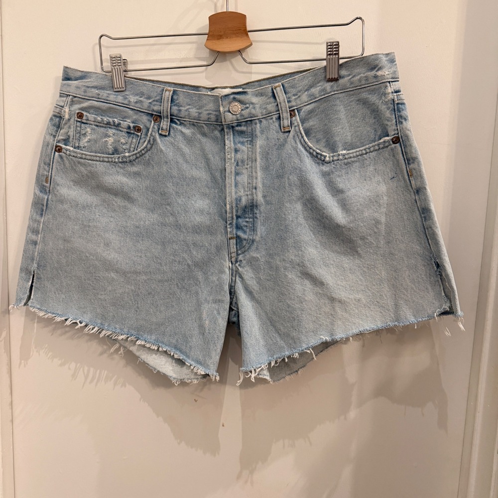 AGOLDE Parker Long Denim Shorts 32 Light Wash Coastal Distressed High Rise Boho - Picture 2 of 6